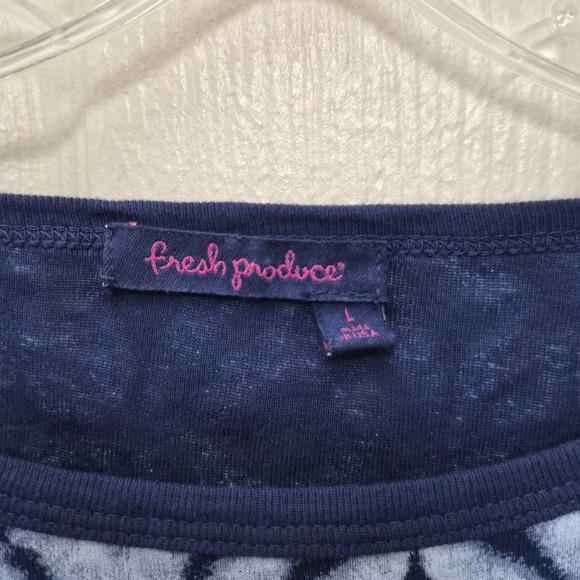 Fresh Produce Women's L Top 3/4 Sleeve Blue Diamond Stripe Casual Shirt - Picture 3 of 5